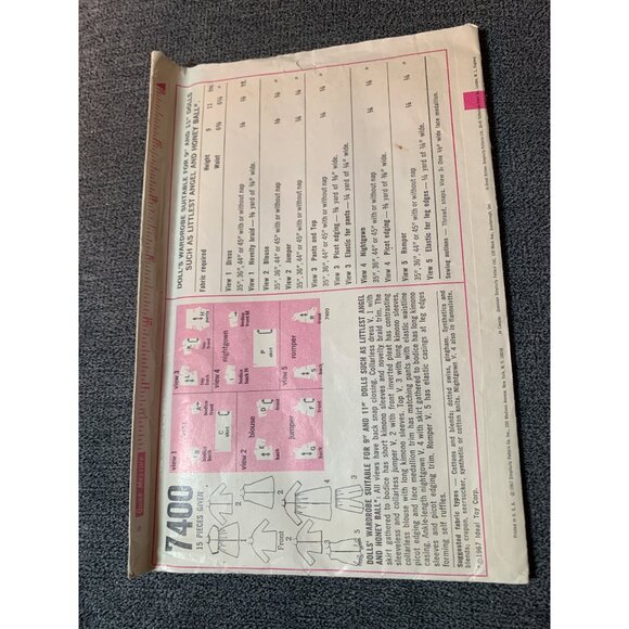Simplicity 7400 Vintage Doll Clothes Sewing Pattern 9" Doll 1967 - Picture 2 of 2